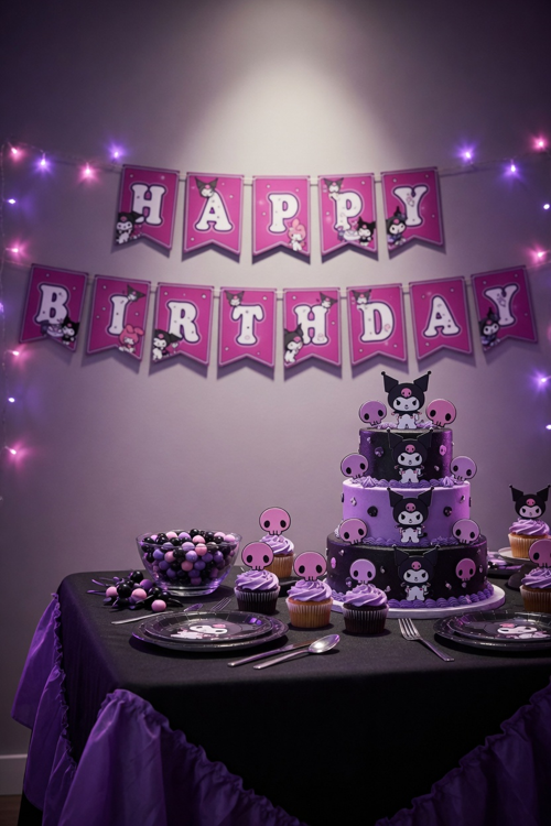 Kuromi Happy Birthday Banner Flama 17x170 cm Asmalı Doğum Günü Parti Süsü