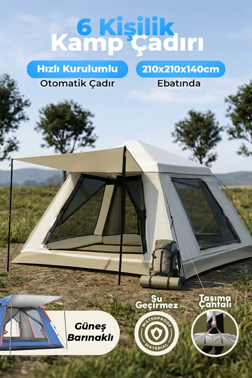 Outdoor AC6636 6 Kişilik Otomatik Kamp Çadırı Krem 210x210x140 cm | Su Geçirmez Oxford Kumaş |
