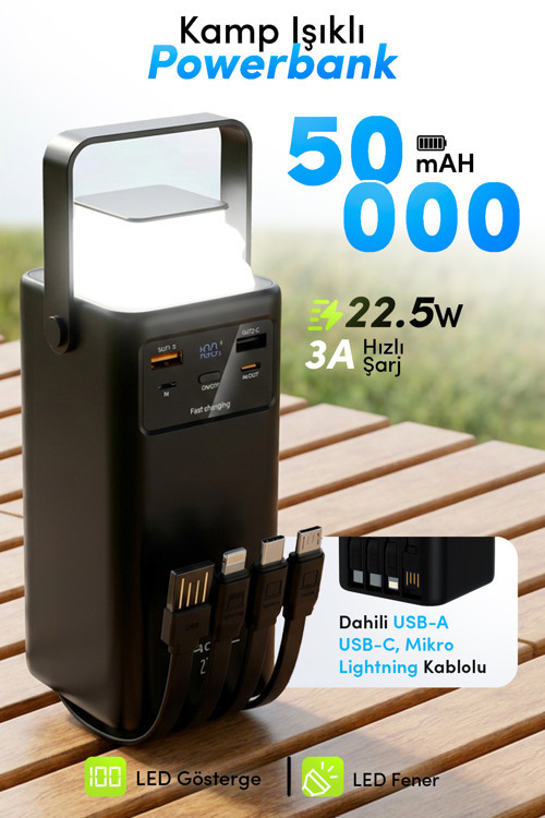 PW-113 50000mAh 22.5W Hızlı Şarjlı Outdoor Powerbank Kamp Lambalı Dahili Kablolu Taşınabilir Şar