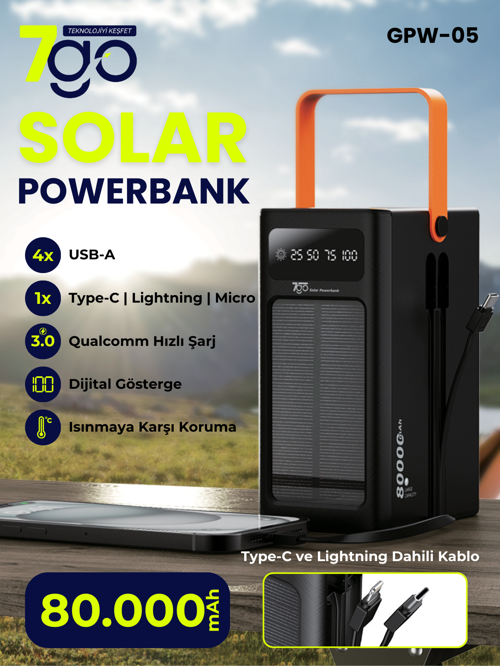 GPW-05 80.000mAh Solar Powerbank – 4xUSB-A, Qualcomm 3.0 Hızlı Şarj, Dahili Lightning & USB-C Ka