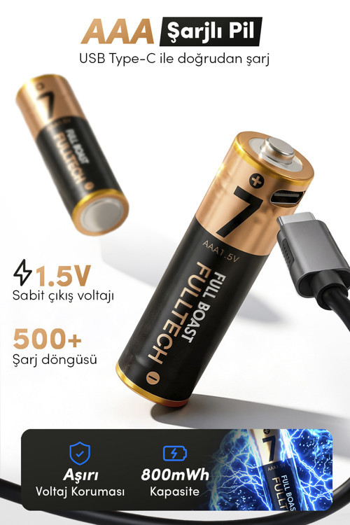 FP29 AAA Şarjlı Pil 2’li Set 800mWh 1.5V Type-C Şarjlı Lityum Pil Uzun Ömürlü Hızlı Şarj Ed