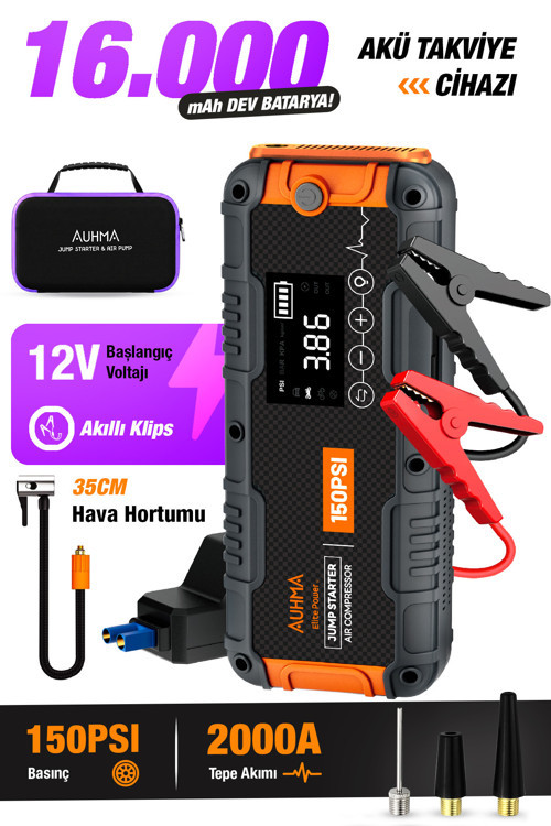 A9955 16000mAh Araç Akü Takviye Cihazı ve Hava Kompresörü – 150 PSI Dijital Şarjlı Oto Lastik