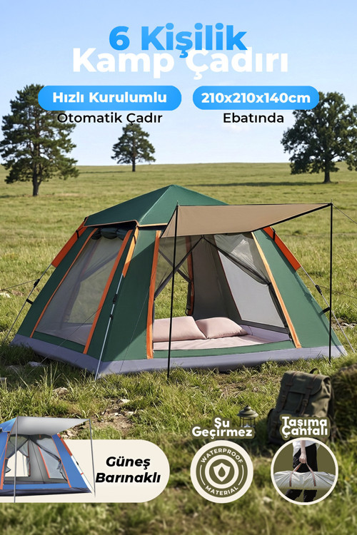 Outdoor AC6636 6 Kişilik Otomatik Kamp Çadırı Yeşil 210x210x140 cm | Su Geçirmez Oxford Kumaş