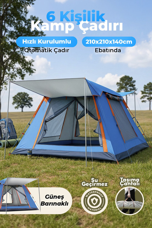 Outdoor AC6636 6 Kişilik Otomatik Kamp Çadırı Mavi 210x210x140 cm | Su Geçirmez Oxford Kumaş |