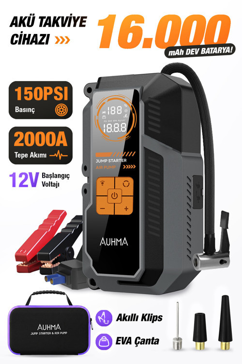 A9944 Araç Takviye Cihazı & Hava Kompresörü 16000mAh Powerbankli 150 PSI Akıllı Akü Booster Ta