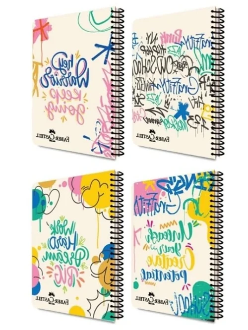 Grafiti Desenli Spiralli Defter, A4, 80 Yaprak, 70g Kağıt, Dayanıklı Kapak, Asorti Renkler