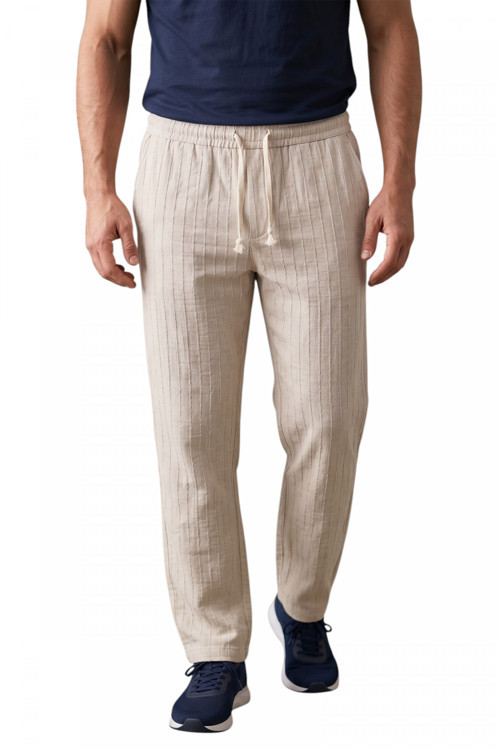 Bej Çizgi Dokulu Rahat Kesim Yazlık Spor Pantolon – Hafif Kumaş Modern Tasarım 2600263