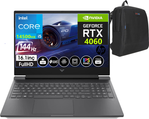 Victus 16-R1056NT Intel I5-14500HX 16GB 512GB SSD 8GB RTX4060 16.1" 144Hz IPS FHD W11HOME VCS9J258EA10+Zetta Çanta