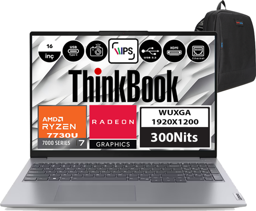 Thinkbook 16 Gen6 Amd Ryzen 7 7730U 16GB 2tb SSD Amd Radeon™ Graphics Freedos 16" Wuxga 300NIT Taşınabilir Bilgisayar 21KK000WTRF03 + Zetta Çanta