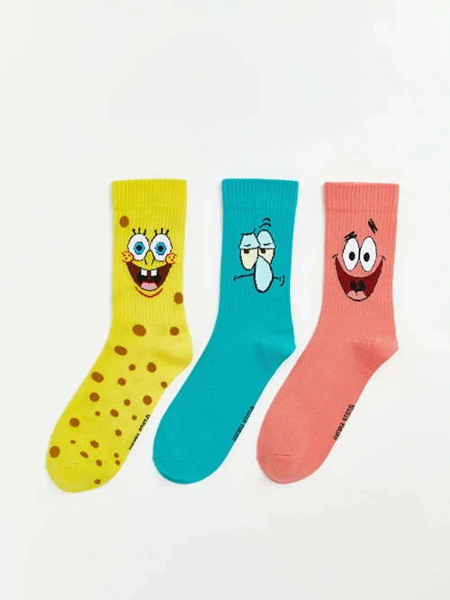 Karışık Sünger Bob Baskılı Erkek Soket Çorap 3'lü