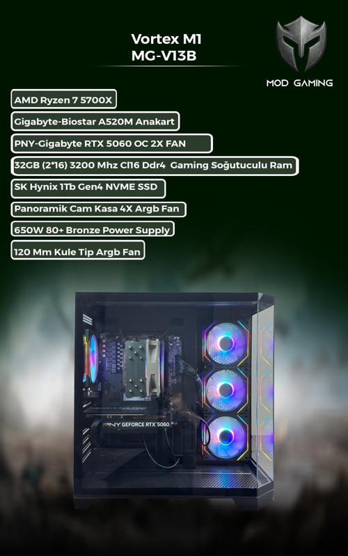 VORTEX MG-V13B AMD Ryzen 5700X 32Gb RAM RTX 5060 1TB SSD Oyuncu OEM PAKET
