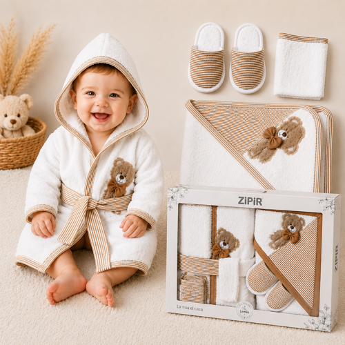 Unisex Bebek Bornoz Seti %100 Pamuk Nakışlı Yenidoğan Banyo Havlu Seti 0-1 Yaş Kutulu Hediyelik 4 Parça