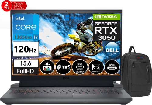 G15 5530 Intel Core I7 13650HX 96GB DDR5RAM 1tb SSD 6gb RTX3050 15,6 Inç 120Hz Fhd WINDOWS11HOME Taşınabilir Bilgisayar G5530240100517 + Weblegelsin Çanta