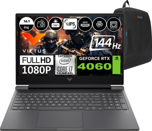 Victus 16-R1051NT Intel Core I7-14700HX 32GB Ddr5 512GB SSD RTX4060-8GB 16.1 Inç 144HZ Full Hd Windows 11 Pro Gaming Laptop 9J234EAWP04 + Weblegelsin Çanta