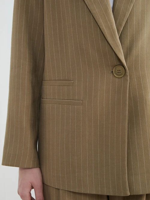 Haki Çizgili Keten Karışımlı Kadın Blazer Ceket