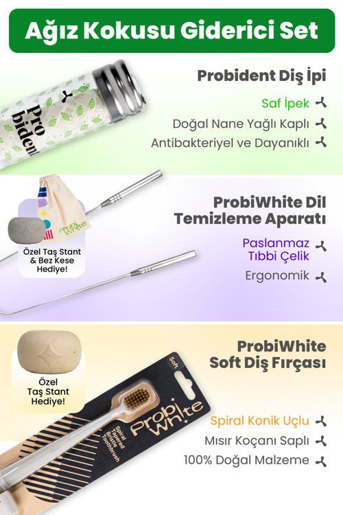 Ağız Kokusu Giderici Set-Saf İpek Diş İpi+Dil Temizleme Aparatı+Spiral Konik Uçlu Diş Fırçası