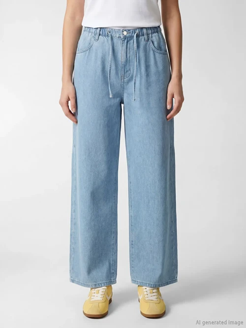 Mavi Beli Lastikli Wideleg Kadın Jean Pantolon