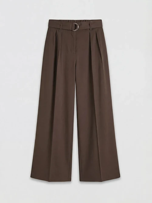 Kahverengi Beli Kemerli Pileli Kadın Kumaş Pantolon