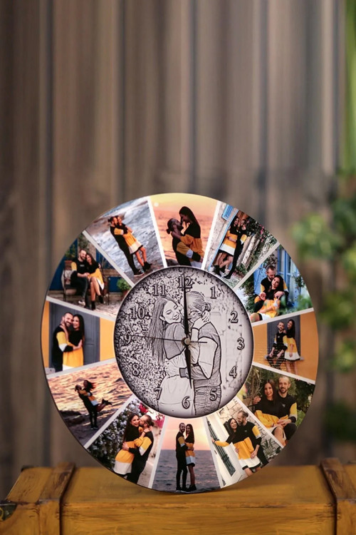 Duvar Saati Kişiye Özel 13 Fotoğraflı Ahşap Malzeme Uv Baskı 30 cm