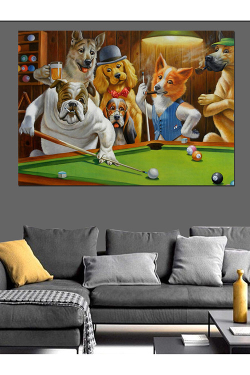 Bilardo Oynayan Köpekler Dekoratif Kanvas - Mdf Ahşap Tablo