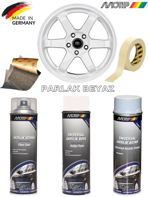 MOTİP Parlak Beyaz Jant Boyama Rötuş Seti Akrilik Sprey Boya + Vernik + Astar 500 ML