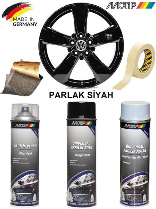 MOTİP Parlak Siyah Jant Boyama Rötuş Seti Akrilik Sprey Boya + Vernik + Astar 500 ML