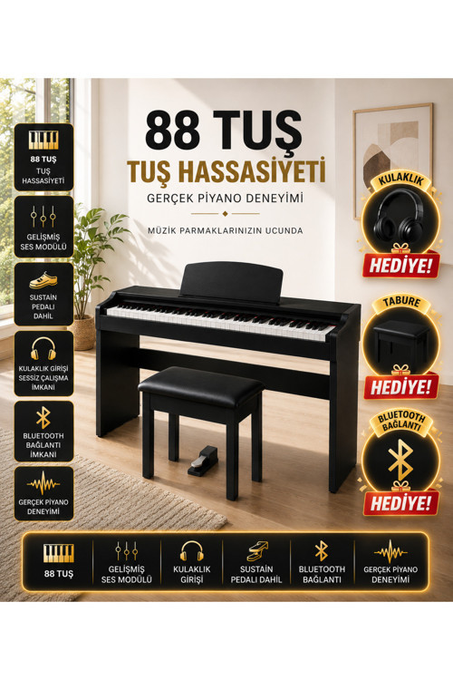 Piyano 88 Tuşlu Tuş Hassasiyetli Piyano Taburesi Hediye