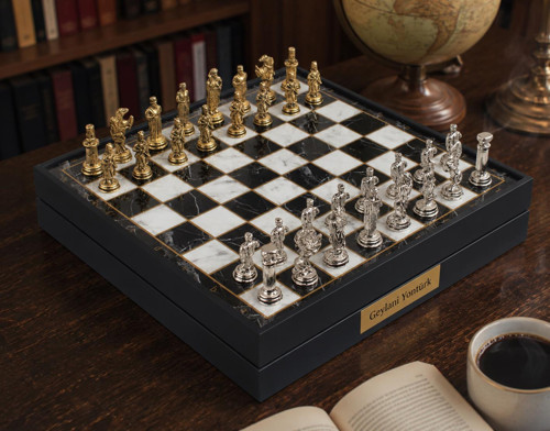 Kişiye Özel Osmanlı Bizans Temalı Lüks Metal Satranç Takımı 20cm Sandıklı Mermer Desenli Premium Set