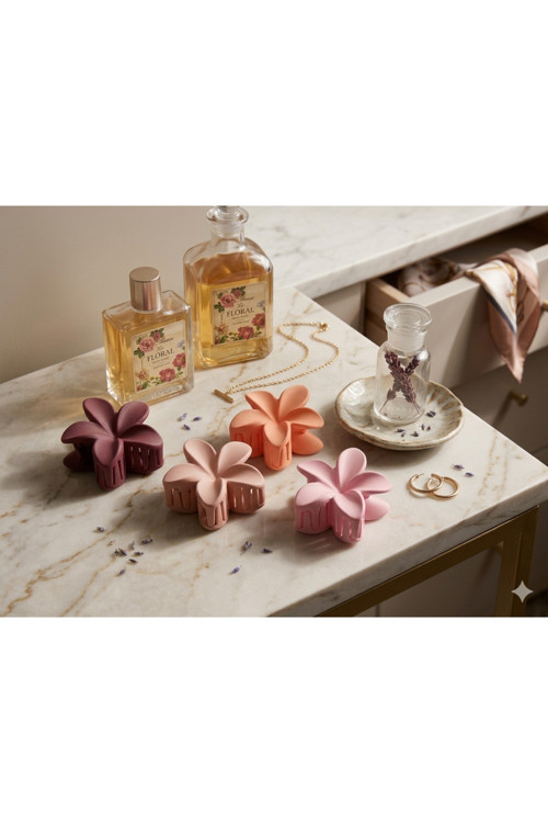 Floral Elegance - 4’lü Mat Pastel Çiçek Mandal Toka Seti – Şık ve Estetik Tasarım Açık Pembe Fuşya Bordo Şeftali Renkleri