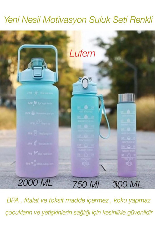 Yeni Nesil Motivasyon Suluk Seti Renkli BPA İçermez Koku Yapmaz Spor Matara 2000 Ml- 700 Ml- 300 Ml