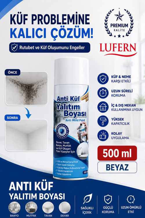 Premium Anti Küf Yalıtım Boyası Rutubet Oluşumunu Engeller Sprey Beyaz Duvar Derleme Önleyici 500 ml
