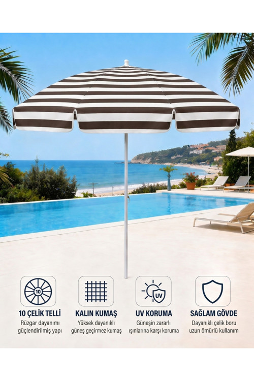 Plaj Şemsiyesi Balkon Bahçe Güneş Şemsiyesi 200cm 10 Telli UV Korumalı – Kahve Çizgili