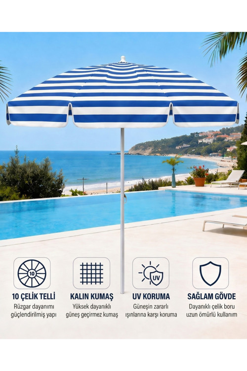 Plaj Şemsiyesi Balkon Bahçe Güneş Şemsiyesi 200cm 10 Telli UV Korumalı – Mavi Çizgili