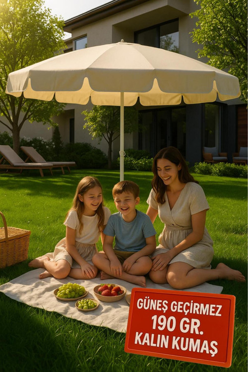 Plaj Şemsiyesi - Güneş ve Balkon Şemsiyesi 200 Cm – 10 Telli Kalın Kumaş Krem Renk Kısa Saçaklı