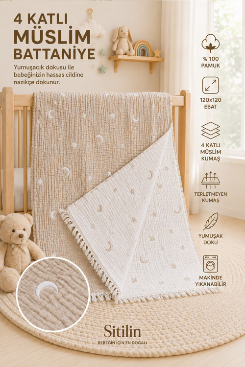 4 Kat Müslin Bebek Battaniyesi Ay Yıldız Desenli Unisex Yenidoğan Hediyesi STL7204