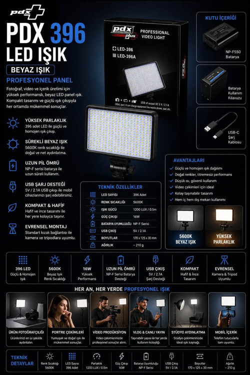 396 LED Işık | Beyaz | Profesyonel Panel
