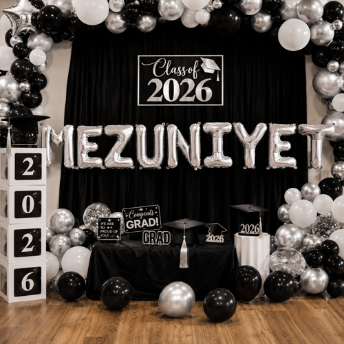 Folyo Balon Mezuniyet Yazısı Gümüş Silver Set 40 İnç 100 cm 9 Harf Parti Dekorasyonu