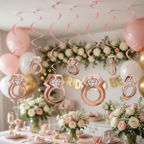 3D Rose Gold Yüzük Asmalı Tavan Sarkıt Süsü 10'lu Bekarlığa Veda Dekoru