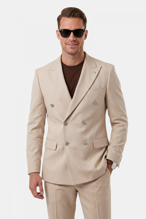 Erkek Bej Slim Fit Kruvaze Takım Elbise Likralı Çizgili Dokulu Metal Düğmeli 2600820