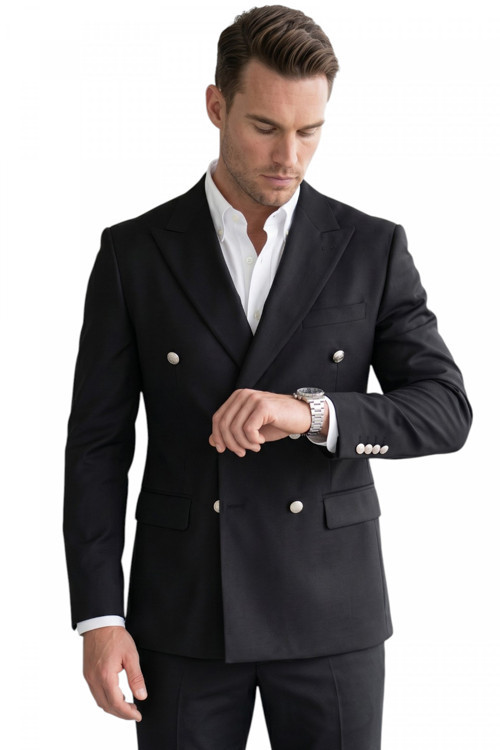 Erkek Siyah Slim Fit Kruvaze Takım Elbise Likralı Çizgili Dokulu Metal Düğmeli 2600820