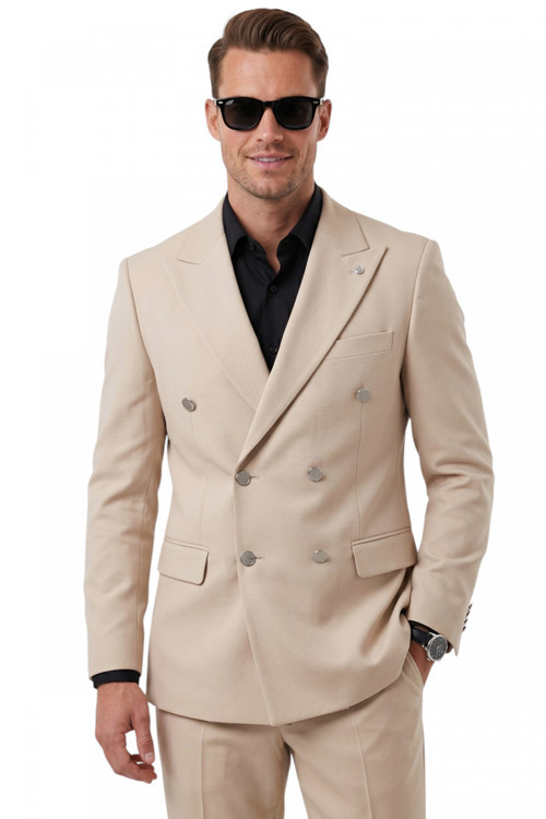 Erkek Bej Slim Fit Kruvaze Takım Elbise Likralı Çizgili Dokulu Metal Düğmeli 2600820