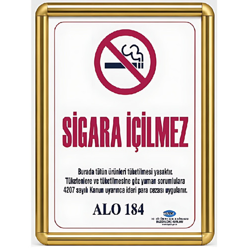 Sigara İçilmez Levhası B2 (50x70cm) Alüminyum çerçeveli (Gold)