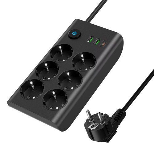 3680W Anahtarlı Akım Korumalı 6'lı Grup Priz - 2x USB-A ve 2 x Type-C Girişli
