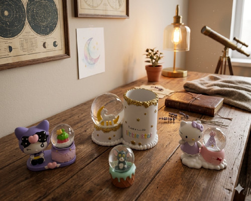 Hayal Gücünü Harekete Geçiren Kar Küreleri ve Unicorn Kalemlik ,Kuromi, Tom ve Hello Kitty Figürlü 4'lü Kar Küresi Seti Tek Bir Pakette