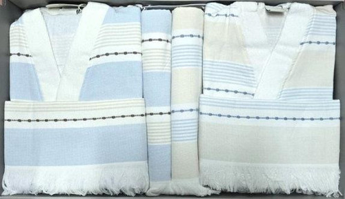 Textura Peştamal Mavi Beyaz Aile Seti Kimono Bornoz