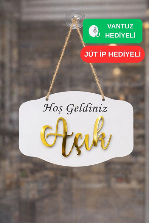 Gold Pleksi Detaylı 3D Ahşap Açık-Kapalı Tabelası - Ceviz