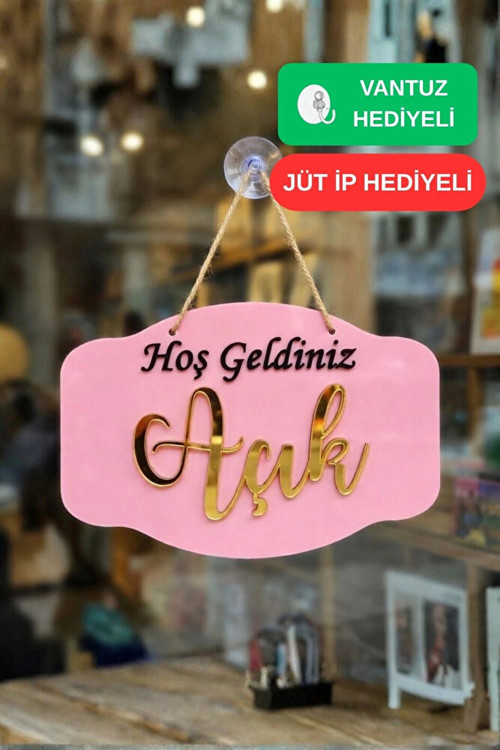 Gold Pleksi Detaylı 3D Ahşap Açık-Kapalı Tabelası - Ceviz