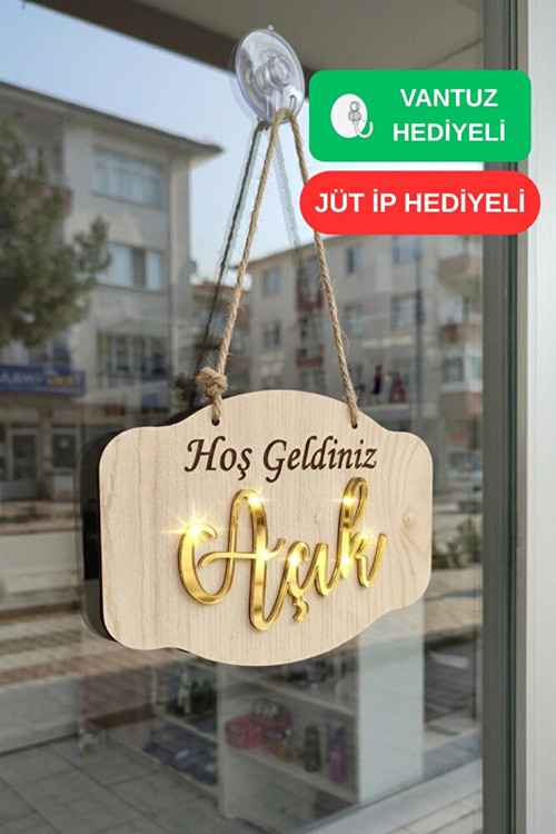Gold Pleksi Detaylı 3D Ahşap Açık-Kapalı Tabelası - Ceviz