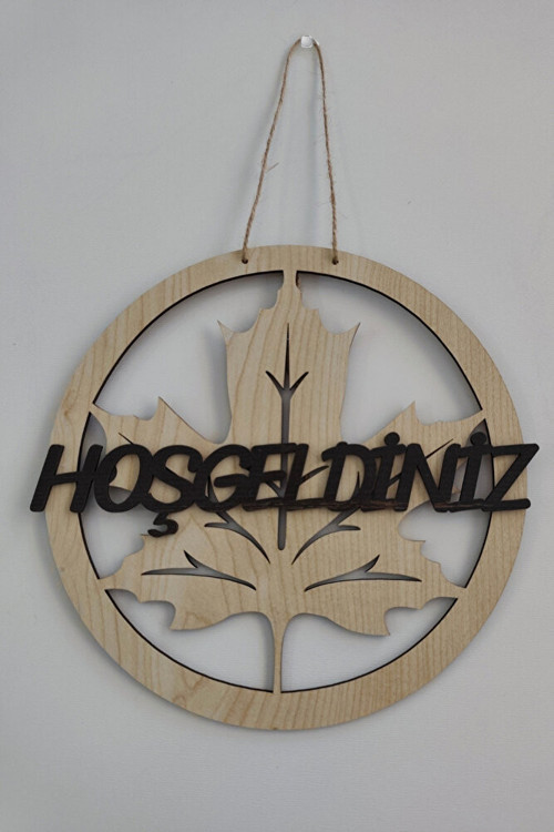 Hoşgeldiniz Yazılı Çınar Yaprağı Mdf Lazer Kesim Kapı ve Duvar Süsü - Akçaağaç Ahşap