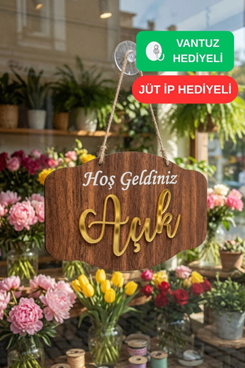Gold Pleksi Detaylı 3D Ahşap Açık-Kapalı Tabelası - Ceviz